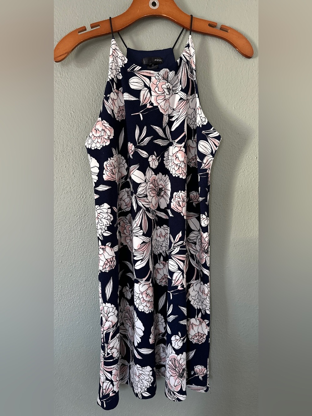 AQUA Bloomingdale’s Navy Pink Peony Floral Halter Dress | M